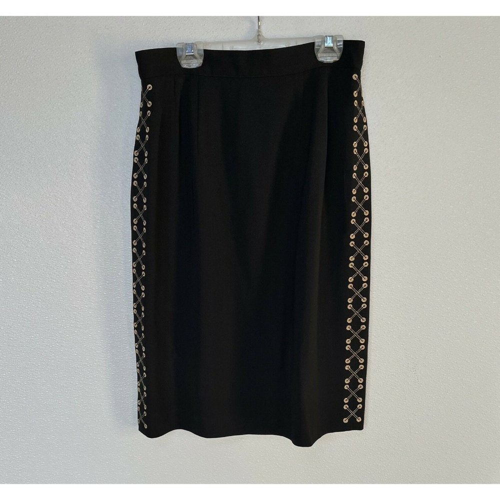 Suzelle Black Pencil Skirt‎ 6 Gold Lacing Embroidery Goth Office Siren Mob Wife